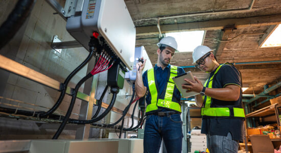 Service Engineer use tablet working inspection installation inverter solar cell. Technician maintenance solar cells. Technology solar energy renewable.